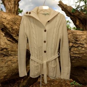 Vintage Cream Cable Knit Belted Cardigan Shawl Collar Cozy Cottagecore Sweat